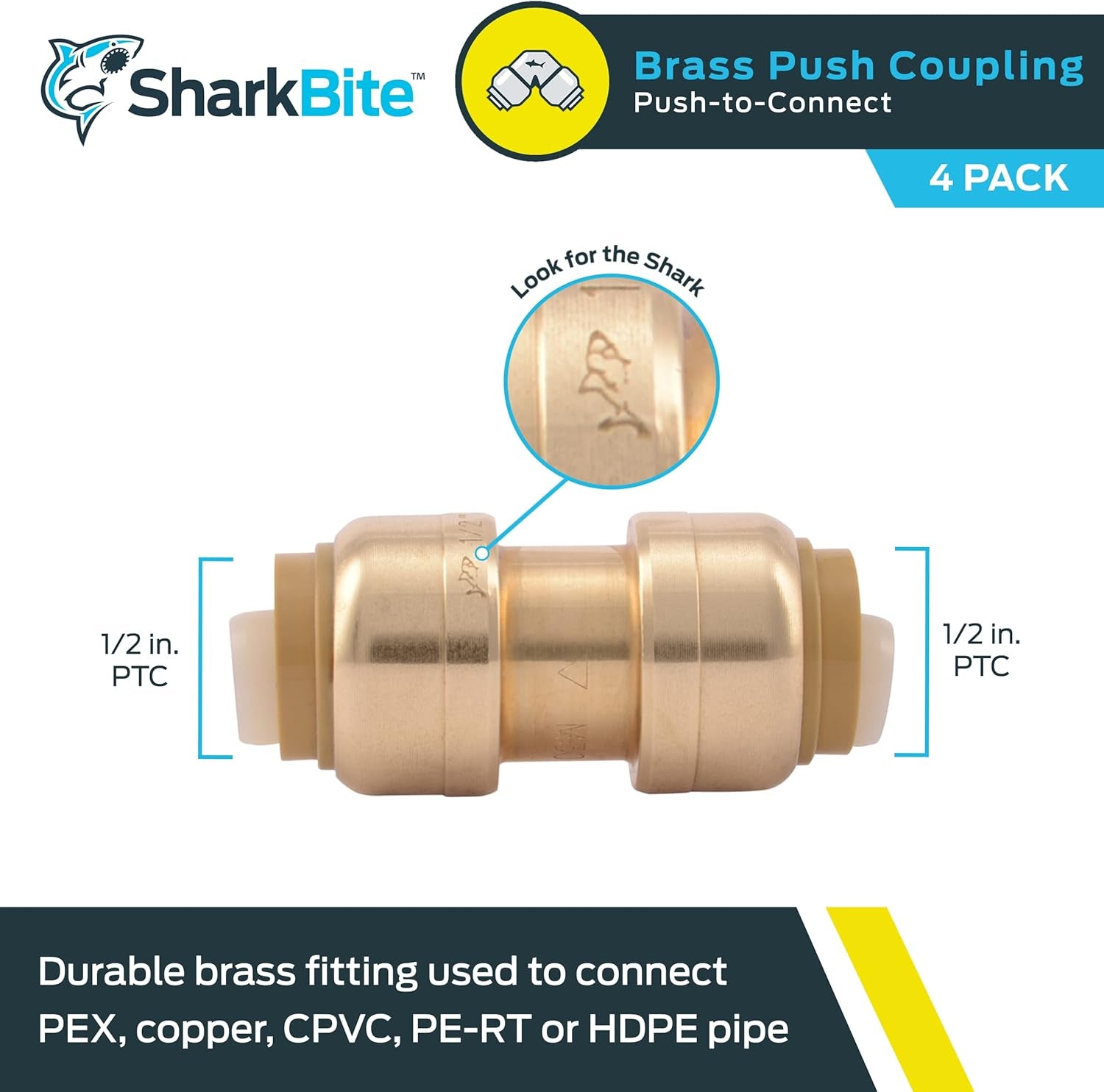 U008LFA4 Straight Coupling Plumbing Fitting, PEX Fittings, Push-To-Connect, Coupler, PE-RT, HDPE, Copper, CPVC, 1/2 Inch, Pack of 4