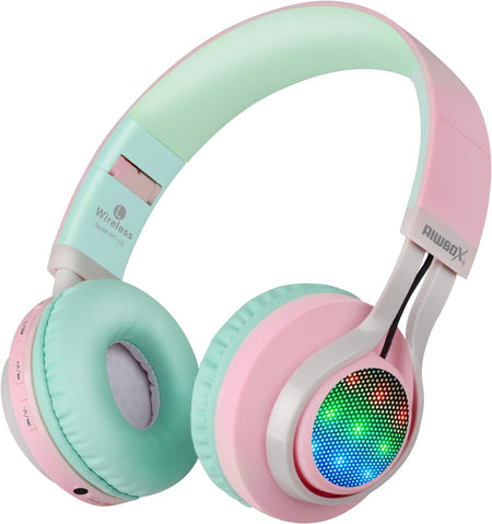 WT-7S Bluetooth Headphones Light Up, Foldable Stero Wireless Headset with Microphone and Volume Control for Pc/Cell Phones/Tv/Ipad (Pink Green)